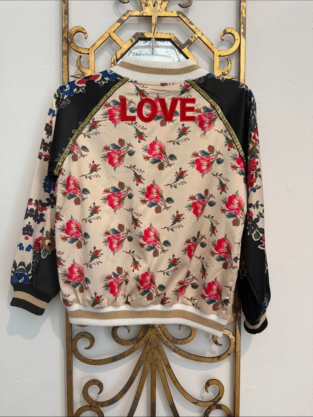 Lola + The Boys Beige Floral Satin Bomber with Black Sleeves